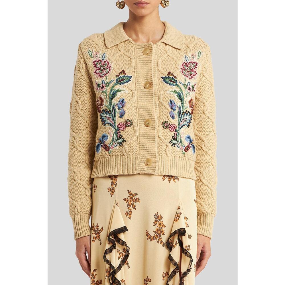 ETRO Floral Embroidered Cardigan Jacket in Beige IT 46 US 10